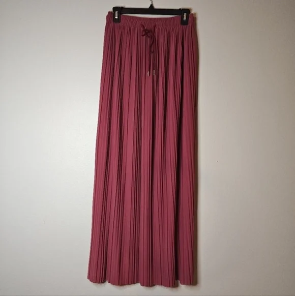 Dusty Rose Micro Pleated Maxi Skirt Elastic Waist Flowy One Size - Picture 3 of 14